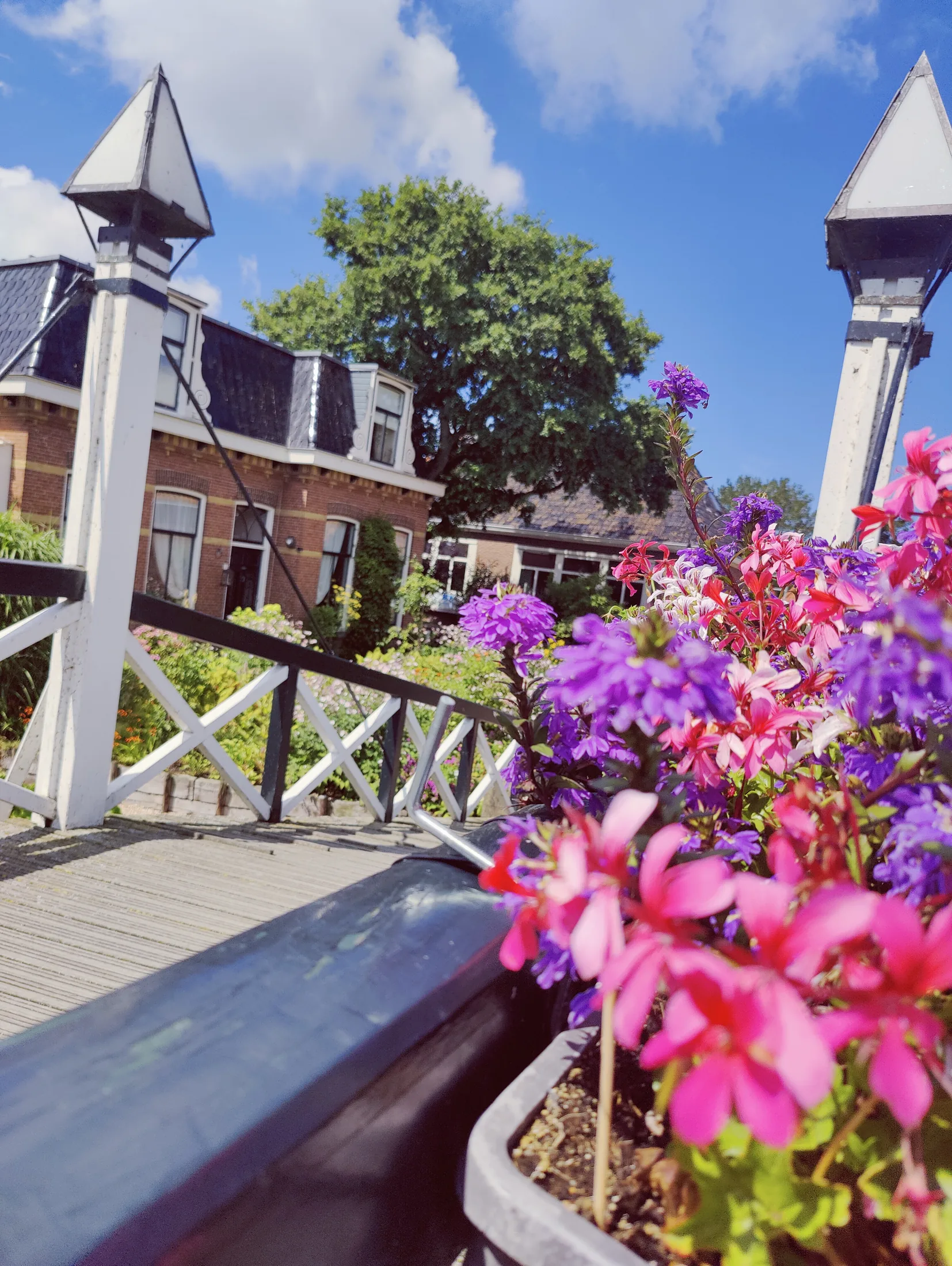 Witte brug met bloemen in Hindeloopen